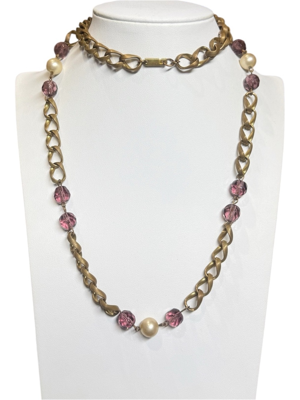 Vintage Miriam Haskell Amethyst Purple Bead Faux Pearl Gold-Tone Signed Necklace